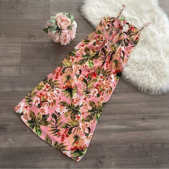 NSR Tropical Cut Out Print Pink Silky Lace Up Maxi Dress M - Picture 7 of 9